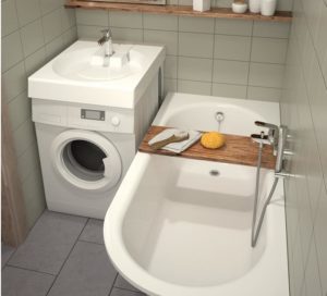 Kā ievietot veļas mašīnu un izlietni mazā vannas istabā?